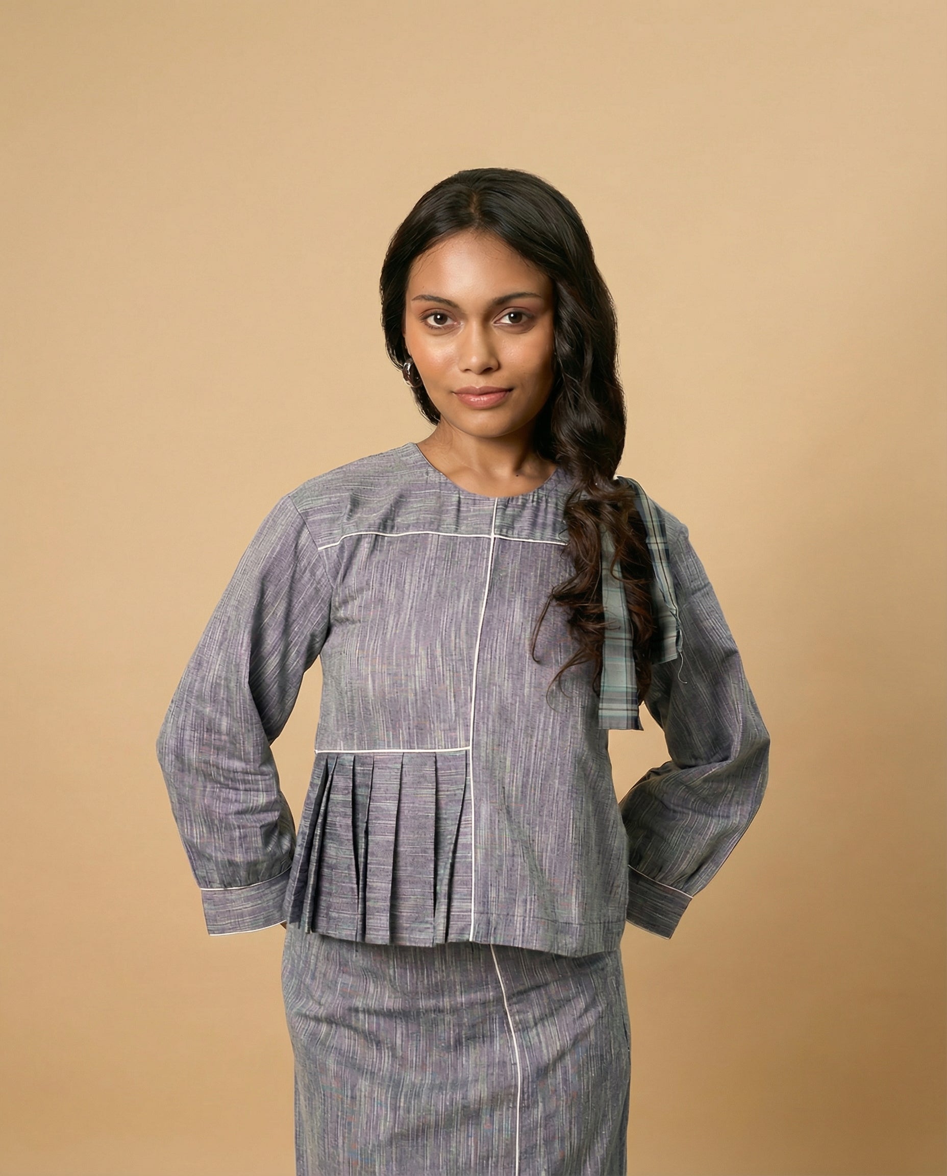 Grey Grid Buckles Top