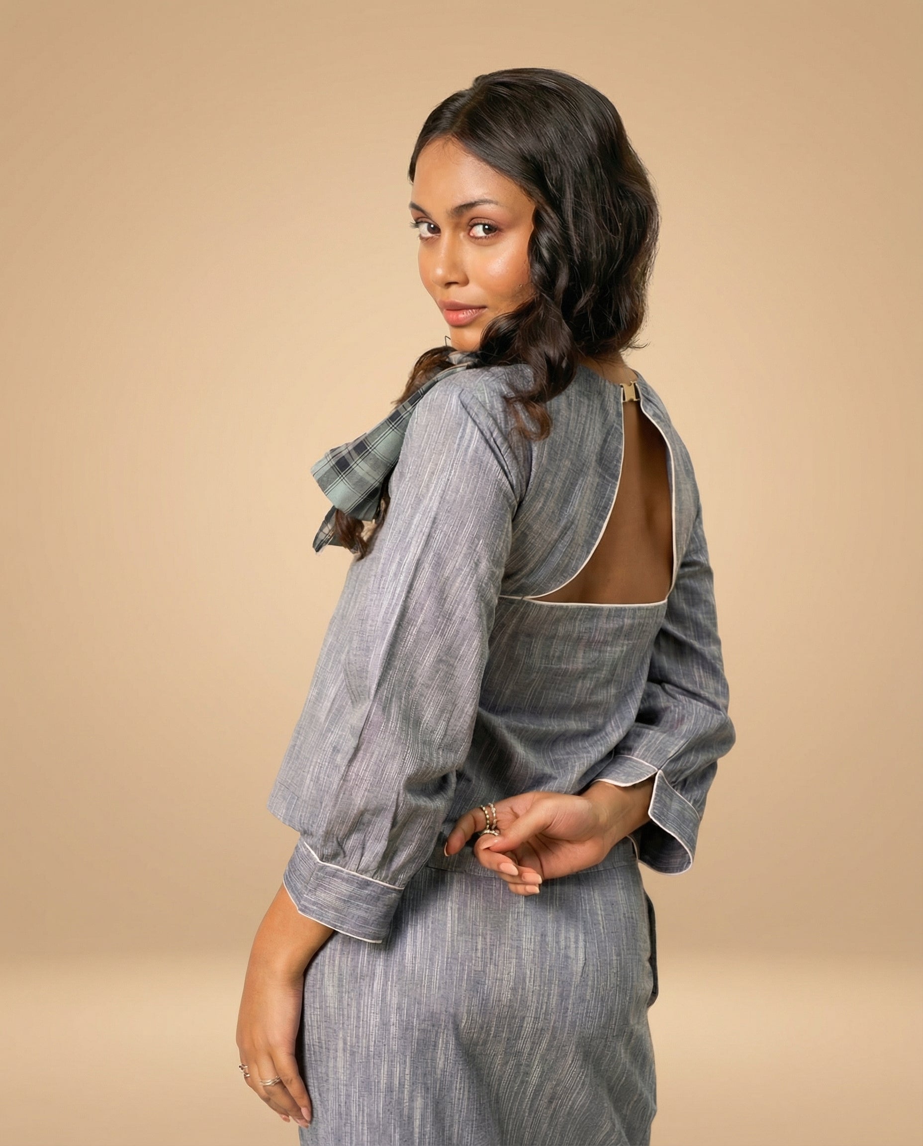 Grey Grid Buckles Top