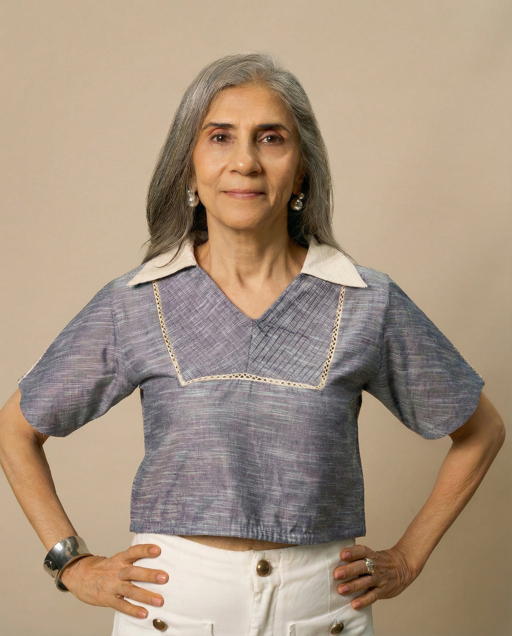 Pintuck Texture Grey Top